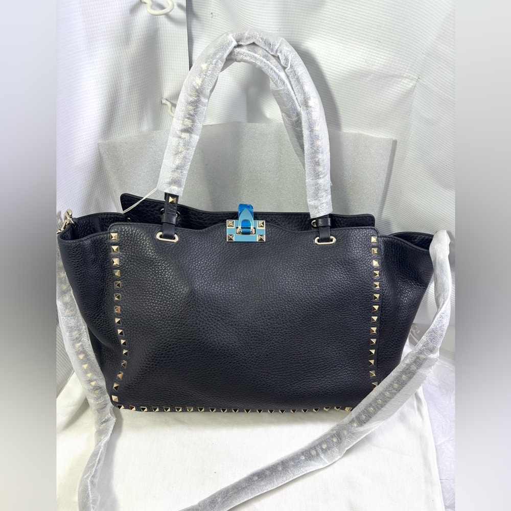 Valentino Gavarani Leather Studded Double Handle Tote. Black/Gold.